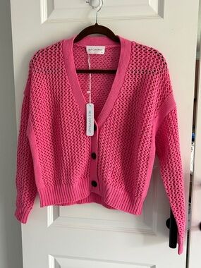 Anthro Self Contrast Pink Open-Knit V-Neck Cardigan Sweater XS